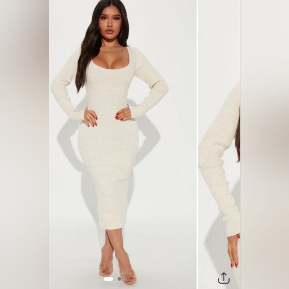 Elegant Cream Ribbed Knit Dress